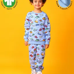 Anthrilo Fleece Knit Full Sleeves Cars Printed Light Winter Sweatshirt & Coordinating Joggers Set - Blue-picture-15