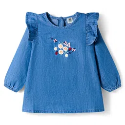 ToffyHouse Cotton Knit Full Sleeves Embroidered Denim Top with Frill Detailing & Floral Printed Leggings - Navy Blue image 2