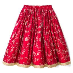 Babyhug Brocade Woven Flutter Sleeves Choli Lehenga & Dupatta Set with Floral Embroidery & Print - Red image 5