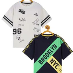 Plum Tree Kids Off-White & Navy Cotton Printed T-Shirt (Pack of 2)-picture-7