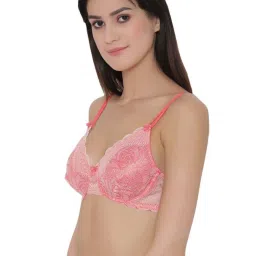 Clovia Pink Lace Work Demi Cup Bra image 4