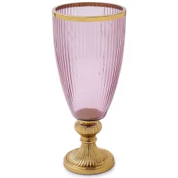 Pure Home and Living Pink & Gold Glass Ribbed Tall Candle Holder With Stand image 4