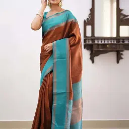 Anjaneya Sarees Brown & Blue Silk Chequered Saree With Unstitched Blouse image 2