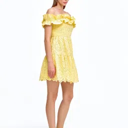 Cover Story Yellow Self Design Schiffli Skater Dress image 4