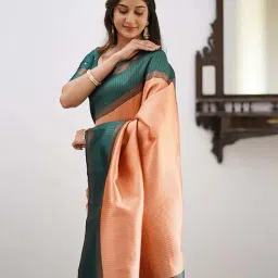Anjaneya Sarees Peach Silk Chequered Saree With Unstitched Blouse image 3
