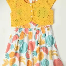 Bella Moda Kids White & Yellow Self Design Fit & Flare Dress with Jacket-image-6