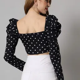 TANDUL Polka Dots Printed Tie-Up Neck Puff Sleeves Crepe Crop Bralette Top image 3