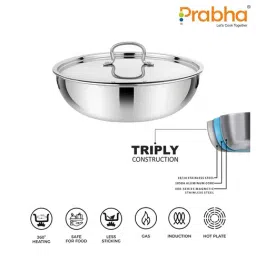 Prabha Stainless Steel Silver Prima Tasla with Flat Bottom, Included Lid, Tasla, 24cm, 2.8 L image 4