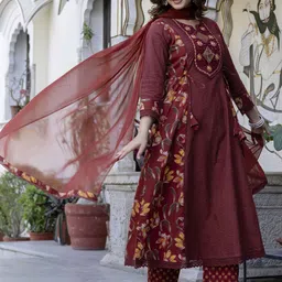 EthniFlair Women Floral Embroidered Schiffli Pure Cotton Kurta with Palazzos & Dupatta image 4