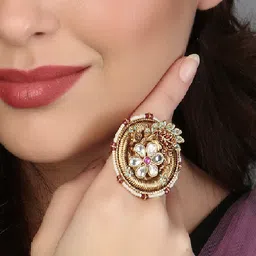 Adwitiya Collection 24CT Gold-Plated Kundan-Studded & Beaded Adjustable Finger Ring image 4