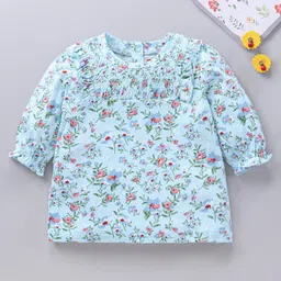 Babyhug Three Forth Sleeves Flower Print With Smocking & Frill Detailing Top - Blue-picture-19