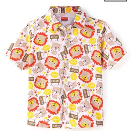 Babyhug Cotton Knit Half Sleeves Lion Printed Shirt - White & Beige-picture-14