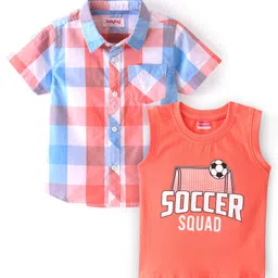 Babyhug 100% Cotton Woven Half Sleeves Check Shirt with Sleeveless Inner T-Shirt Soccer Print - Orange-picture-17