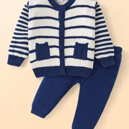 Babyhug Knitted Full Sleeves Striped Front Open Sweater Set with Pocket - Navy Blue & White-picture-17