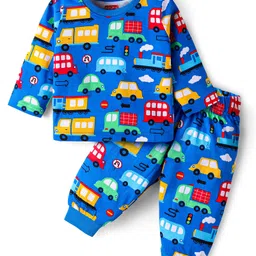 Babyhug Cotton Knit Full Sleeves Night Suit with Car Print - Blue-picture-11