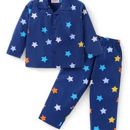 Babyhug Cotton Woven Full Sleeves Night Suit with Star Print - Navy Blue-picture-16