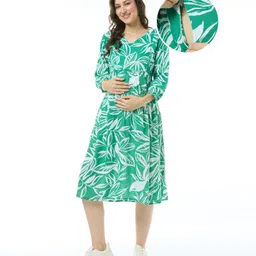 Bella Mama Woven Three Fourth Sleeves Maternity Dress with Floral Print - Mint Green-image-83