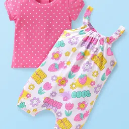 Babyhug Single Jersey Knit Dungaree & Half Sleeves T-Shirt With Floral & Polka Dot Print - White & Pink-picture-36
