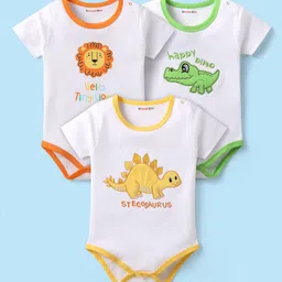 kookie kids india Kookie Kids Interlock Knit Half Sleeves Animal Printed & Embroidered Onesies Pack of 3 - White-picture-22