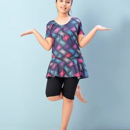 Aarika Half Sleeves Abstract Printed Frock Style Swimsuit - Multi Colour & Black-picture-40