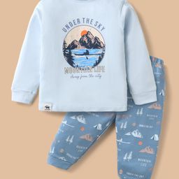 CUCUMBER Sinker Knit Full Sleeves Night Suit with Under The Sky Text Print - Light Blue-picture-49