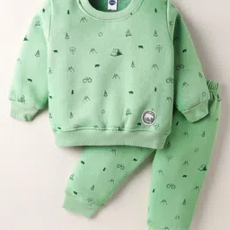 Teddy Knit Full Sleeves Co-ords Fleece Winter Night Suit with Jungle Theme Print - Light Green-picture-24