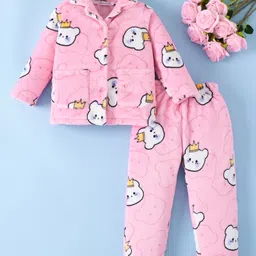 Mark & Mia Full Sleeves Winter Wear Co-ords Night Suit With Bunny Print - Pink image 1