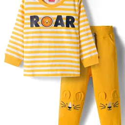 Babyhug Terry Knit Full Sleeves T-Shirt & Joggers Set with Stripes Roar Text Print & Tiger Applique - White & Yellow-image-40