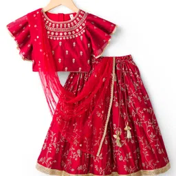 Babyhug Brocade Woven Flutter Sleeves Choli Lehenga & Dupatta Set with Floral Embroidery & Print - Red-picture-24