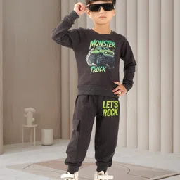 BABY CLOSET Cotton Knit Full Sleeves Monster Truck Printed Light Winter Sweatshirt & Joggers - Charcoal Grey-picture-28