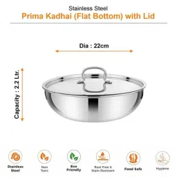 Prabha Stainless Steel Silver Prima Tasla with Flat Bottom, Included Lid, Tasla, 22cm, 2.2 L image 2