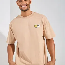 Styli Beige Relaxed Fit Self Design Cotton Oversized T-Shirt-picture-37