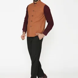 Wintage Men Rust Orange Woven Design Nehru Jacket image 2