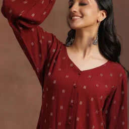 Libas Maroon Cotton Woven Pattern A Line Short Kurti image 4