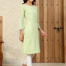 W Green Cotton Embroidered Straight Kurta image 4