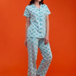 Clovia Blue Graphic Print Shirt With Pyjamas image 4