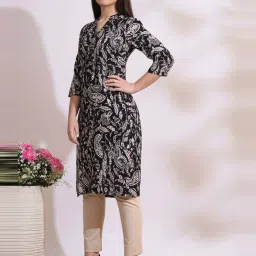 W for Woman Black Bold Floral Printed Cotton Cambric Straight Kurta image 4