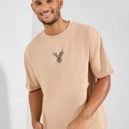 Styli Beige Relaxed Fit Printed Cotton Oversized T-Shirt-image-3