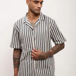Showoff Grey Cotton Relaxed Fit Striped Shirt-image-69