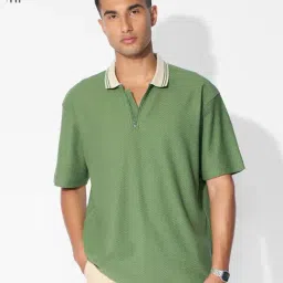 The Souled Store Green Loose Fit Textured Polo T-Shirt-picture-24