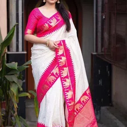 Aman's Impero Checked Woven Design Zari Banarasi Saree with Blouse Piece-picture-38
