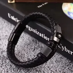 MEENAZ Men Leather Silver Plated Cuff Bracelet image 1