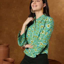 KALINI Floral Print Cotton Shirt Style Shirt collar Crop Top-picture-31