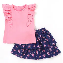 Babyhug 100% Cotton Half Sleeves Top & Skirt Floral Print - Pink & Navy-image-90