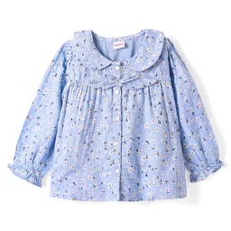 babyhug Babyhug Rayon Full Peasant Sleeves Peter Pan Collar Top with Floral Print & Bow Detailing - Light Blue-picture-12