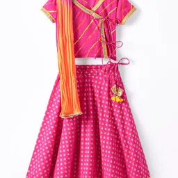 Exclusive from Jaipur Cotton Woven Half Sleeves Foil Printed Choli & Lehenga with Dupatta Tassle Detailing - Pink & Yellow-picture-10