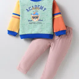 ToffyHouse 100% Cotton Knit Full Sleeves Cut & Sew Winter Wear T-Shirt & Joggers Set with Bear &Text Print - Mint-picture-39
