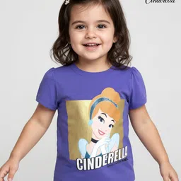 Babyhug Disney Single Jersey Knit Half Sleeves T-Shirt With Cindrella Graphic & Gold Foil Detailing - Purple-picture-29
