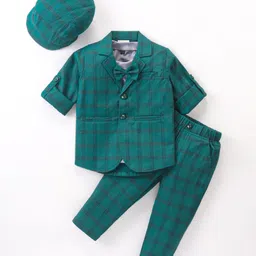Rikidoos Full Sleeves Checked Blazer With Solid Tee & Coordinating Pant Cap & Attached Bow Set - Green & Grey-picture-13