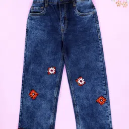 Kiddopanti Denim Woven Flower Patch Detailed Straight Fit Jeans - Medium Rag Blue-picture-27